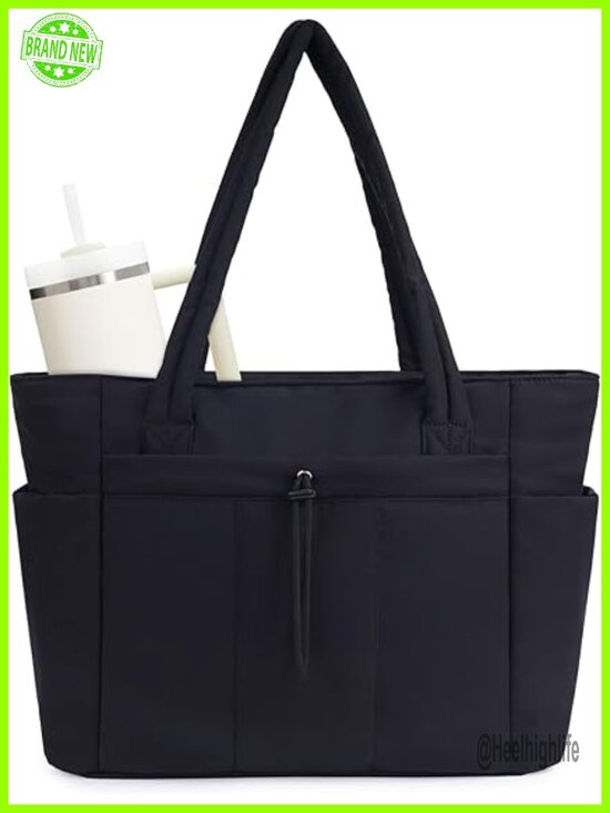 Handbags - Puffer Tote Bag with Cup Holder, Laptop Compartment & Trolley Sleeve for Travel
